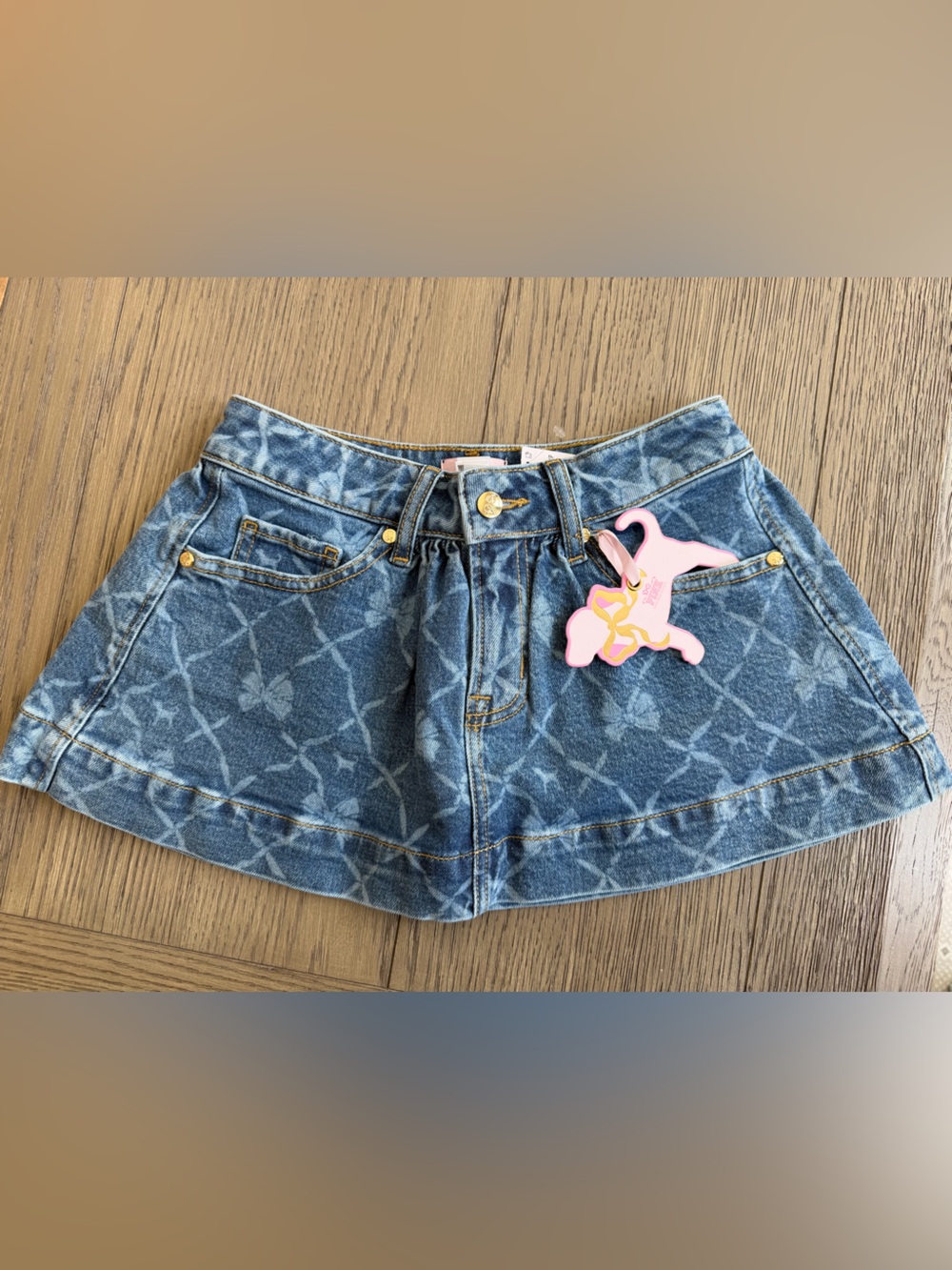 LOVESHACKFANCY x PINK Denim Mini Skirt with Bow Pattern